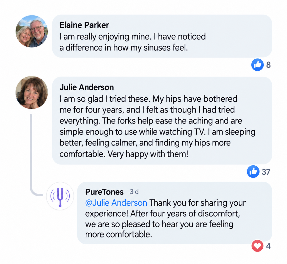 Customer reviews from Elaine Parker and Julie Anderson, with a reply from PureTones.