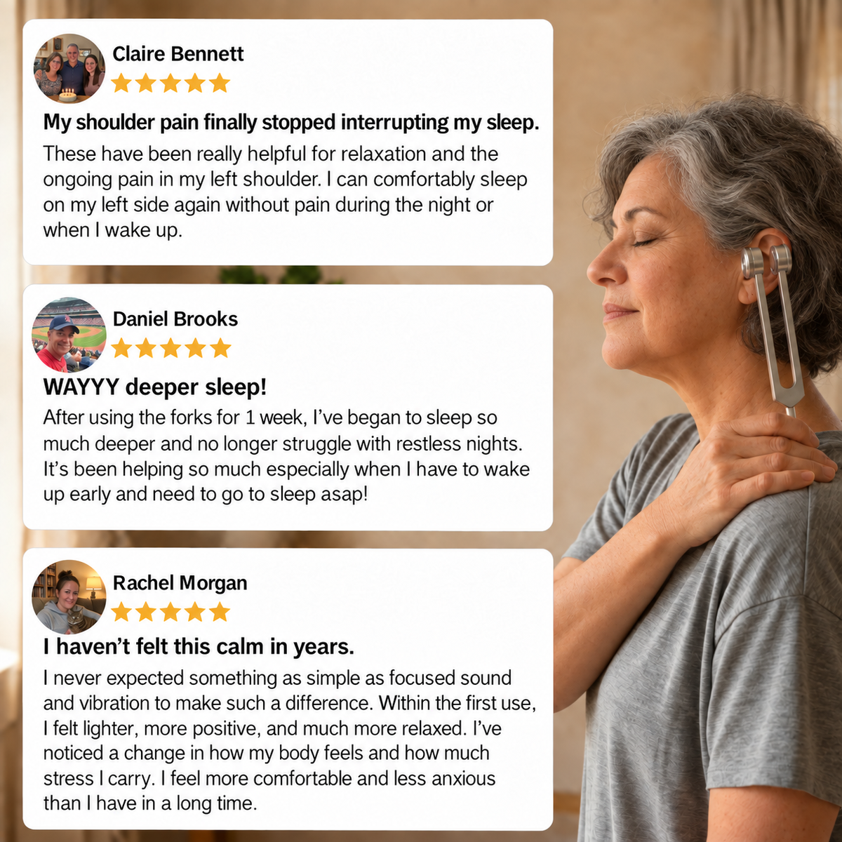 Tuning fork lifestyle image with three customer testimonial cards