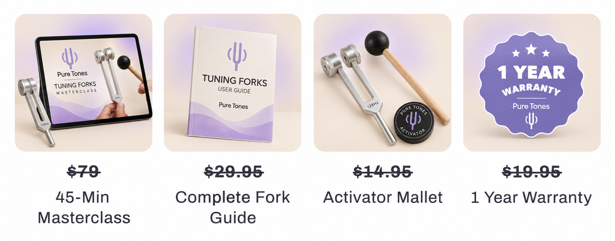 Included welcome gifts: 45-minute masterclass, complete fork guide, activator mallet, and one-year warranty.