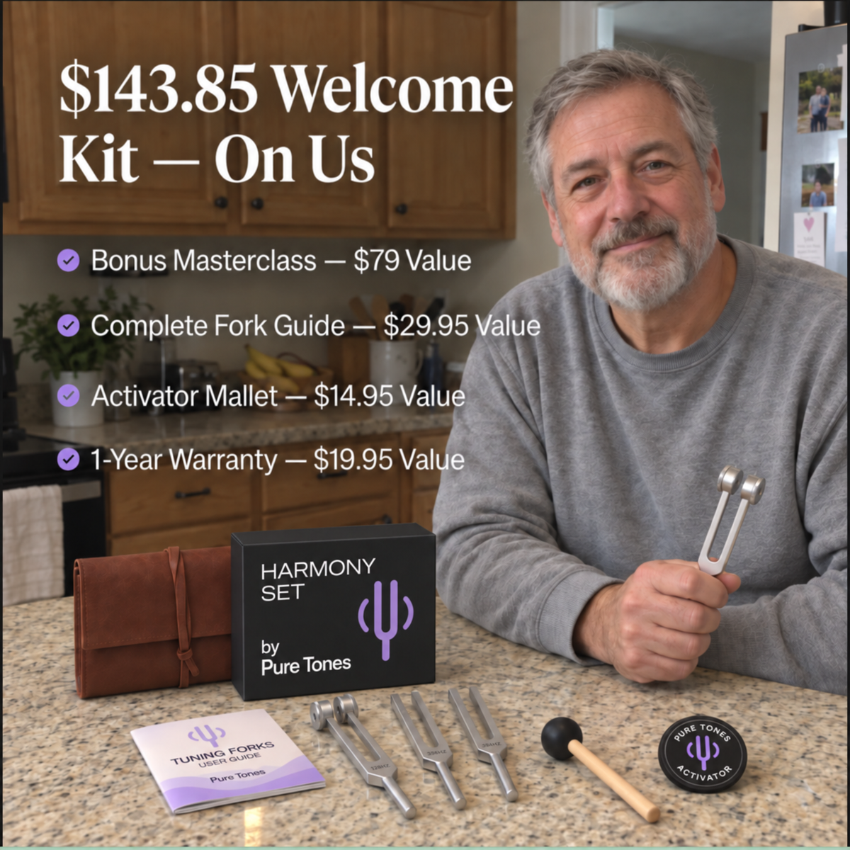 Pure Tones welcome kit with black Harmony Set packaging and round activator beside a man holding a tuning fork