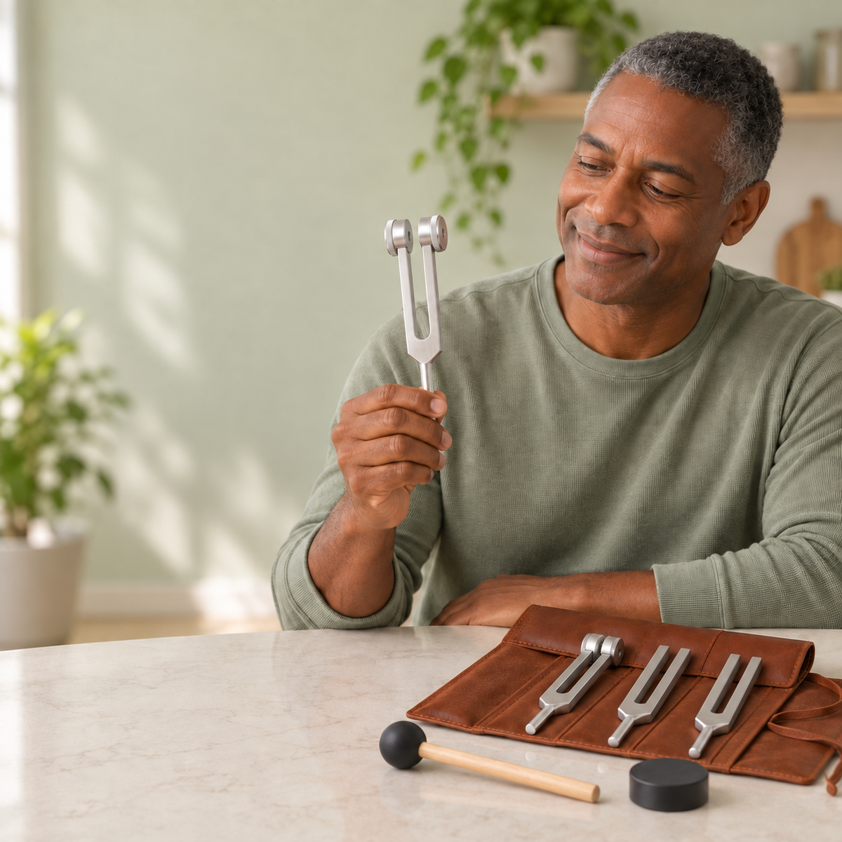 Illustrative lifestyle scene of a man holding a weighted tuning fork beside the full set
