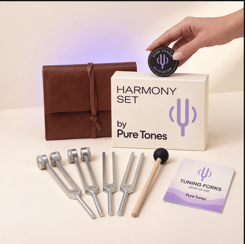 Pure Tones Harmony Set with four tuning forks, carry case, mallet, activator and user guide